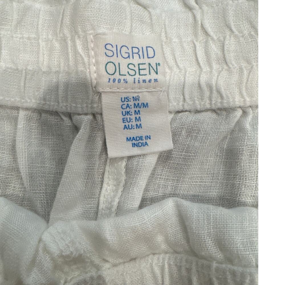 Sigrid Olsen Linen Elastic Waist Shorts White with Beige Border Size M - Picture 4 of 7